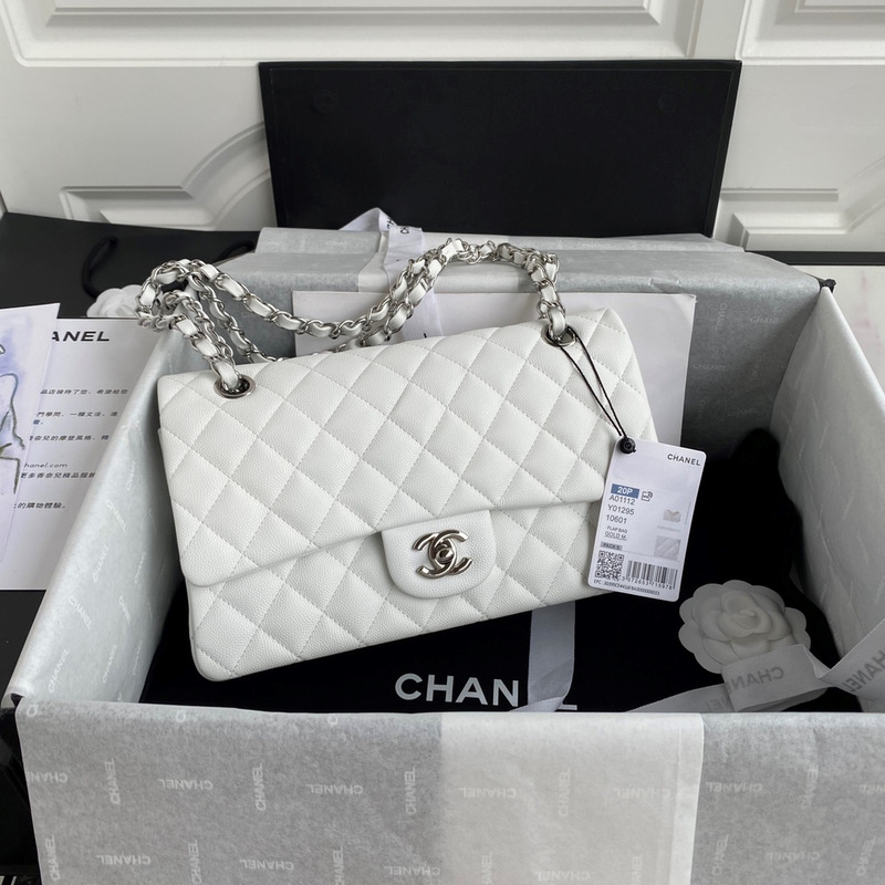 Ch*el medium caviar gold classic flap bag white