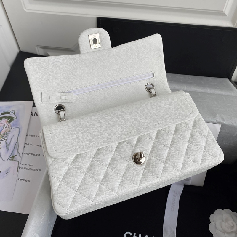 Ch*el medium caviar gold classic flap bag white