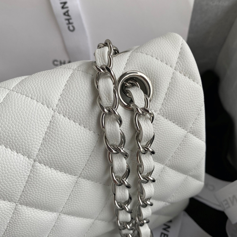 Ch*el medium caviar gold classic flap bag white