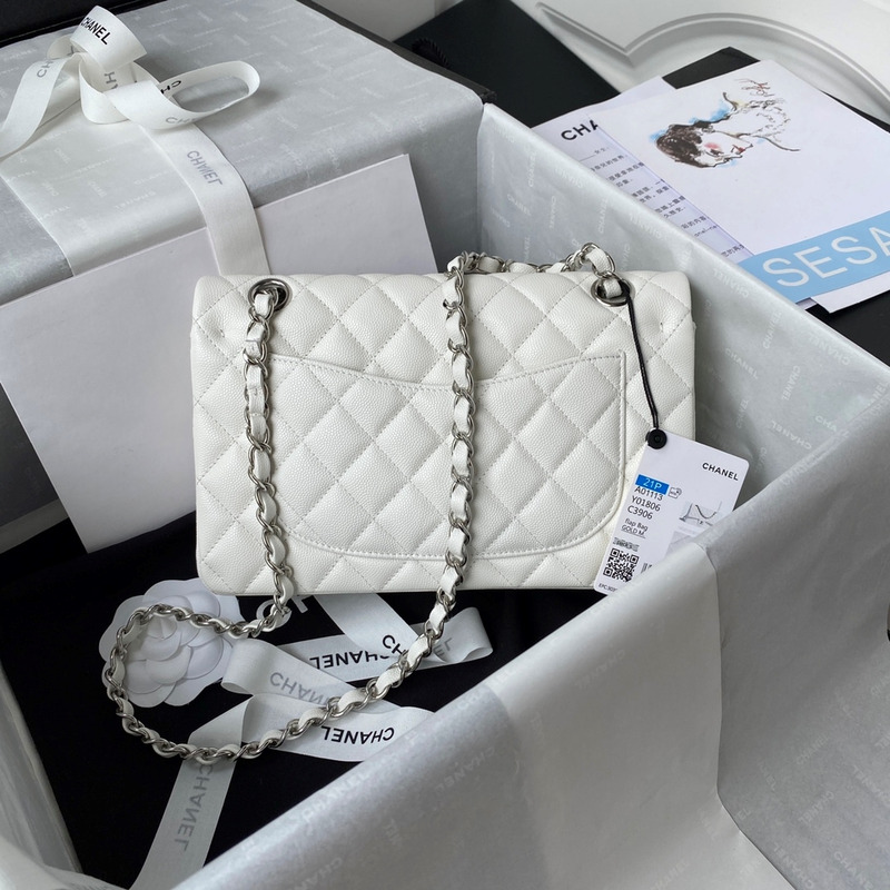 Ch*el small caviar silver classic flap bag white