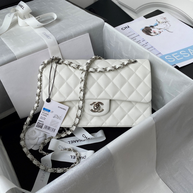 Ch*el small caviar silver classic flap bag white