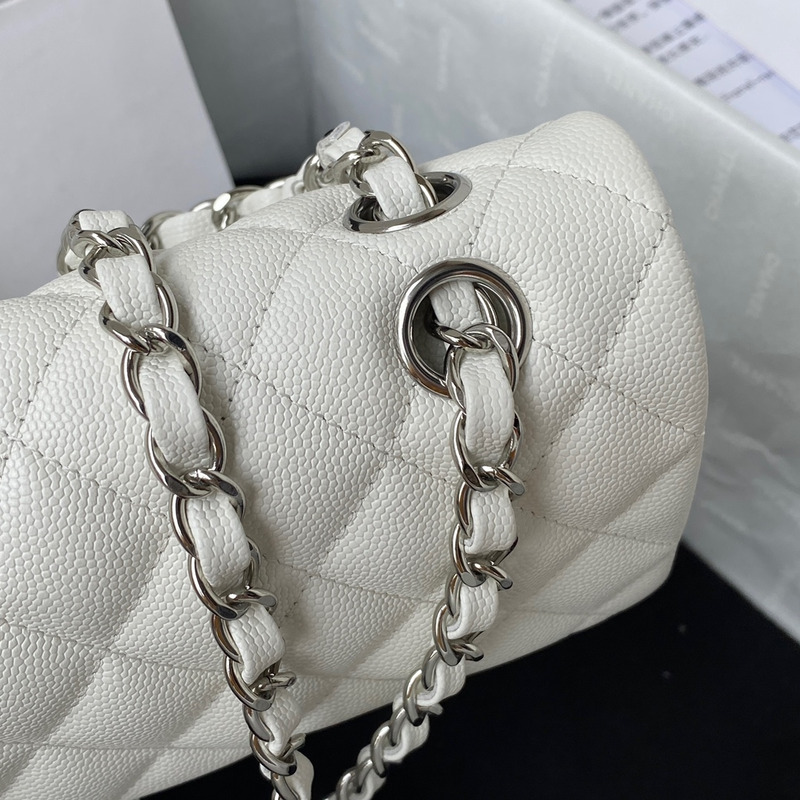 Ch*el small caviar silver classic flap bag white