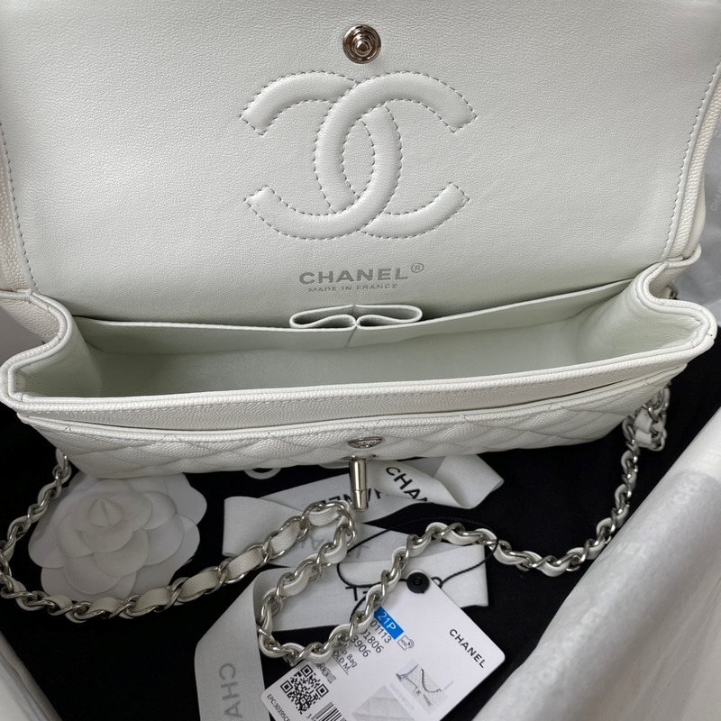 Ch*el small caviar silver classic flap bag white