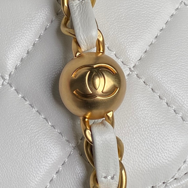 Ch*el mini flap bag shiny lambskin imitation pearls & gold-tone metal white