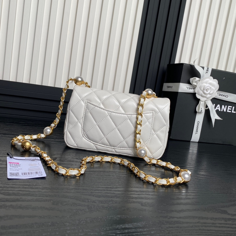 Ch*el mini flap bag shiny lambskin imitation pearls & gold-tone metal white