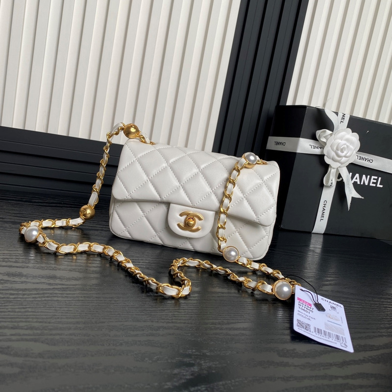 Ch*el mini flap bag shiny lambskin imitation pearls & gold-tone metal white