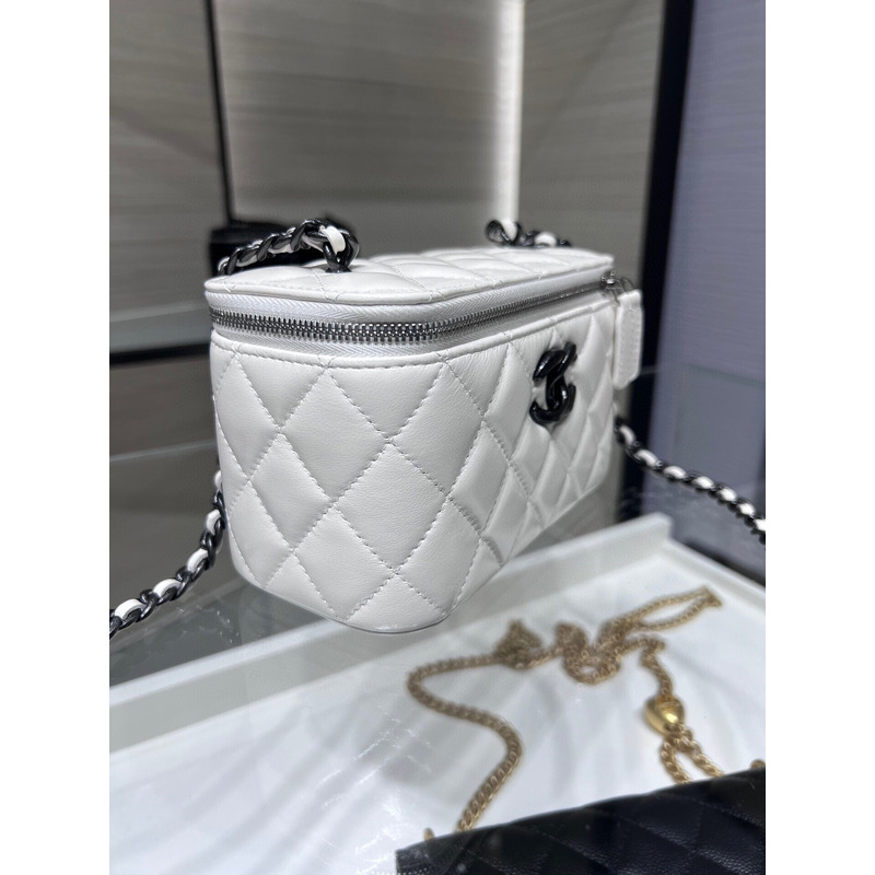 Ch*el shiny crumpled calfskin quilted crystal top handle vanity case with chain white