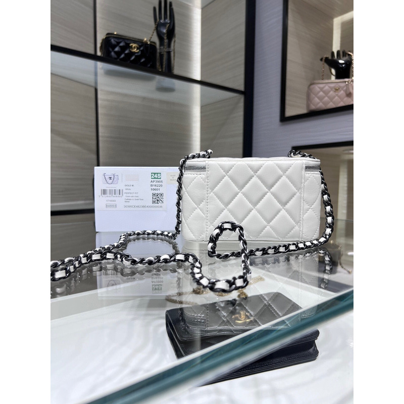 Ch*el shiny crumpled calfskin quilted crystal top handle vanity case with chain white