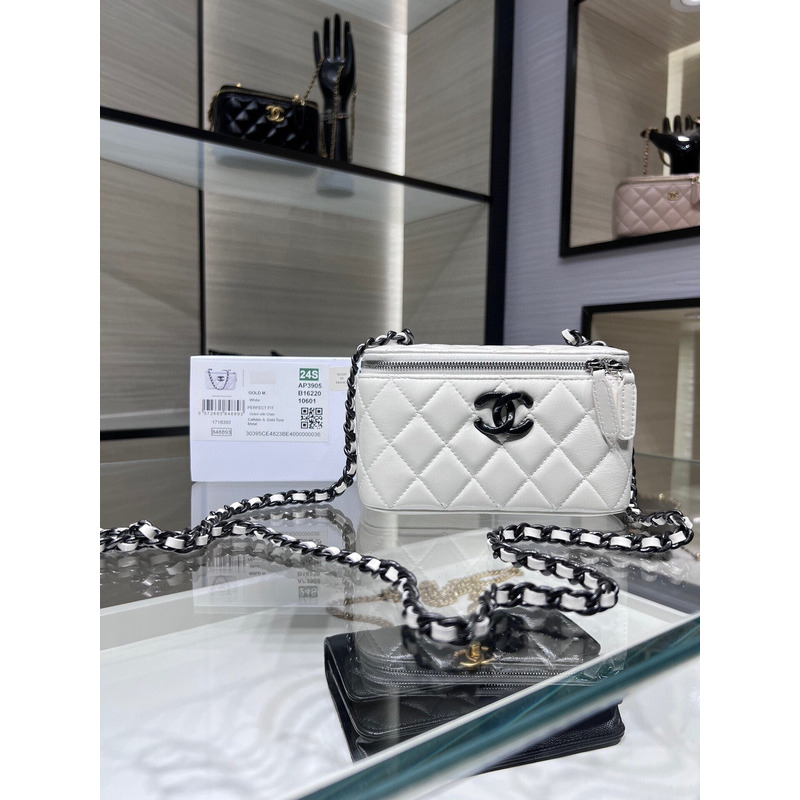 Ch*el shiny crumpled calfskin quilted crystal top handle vanity case with chain white