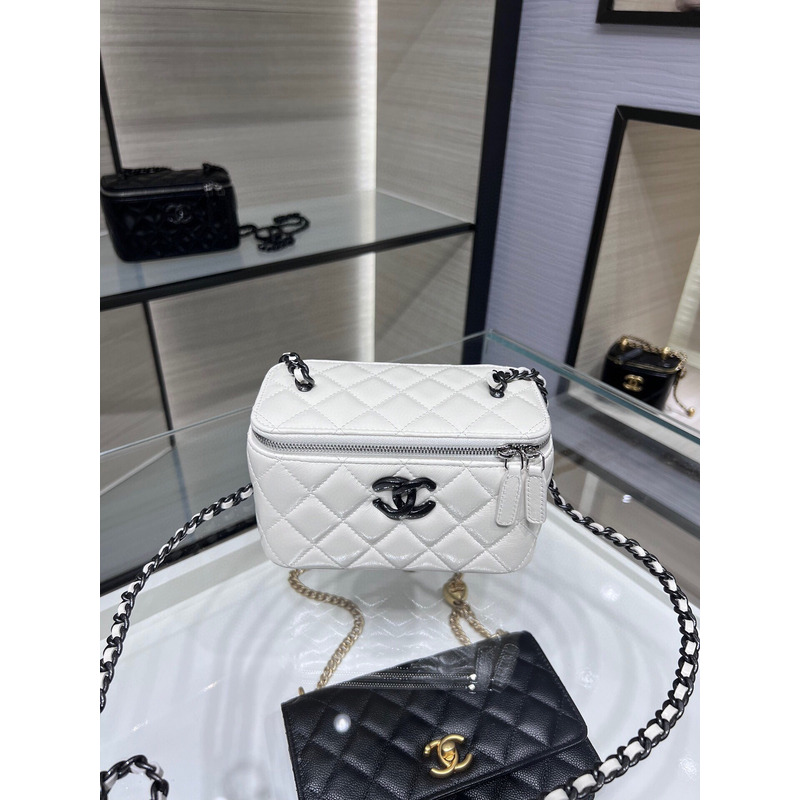 Ch*el shiny crumpled calfskin quilted crystal top handle vanity case with chain white