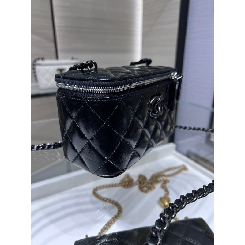 Ch*el shiny crumpled calfskin quilted crystal top handle vanity case with chain black