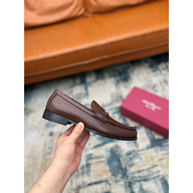 Ferragamo Salvatore Gancini Ornament Calfskin Moccasin Mule Loafers Brown