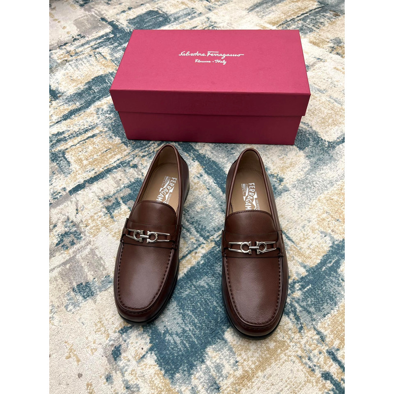 Ferragamo Salvatore Gancini Ornament Calfskin Moccasin Mule Loafers Brown