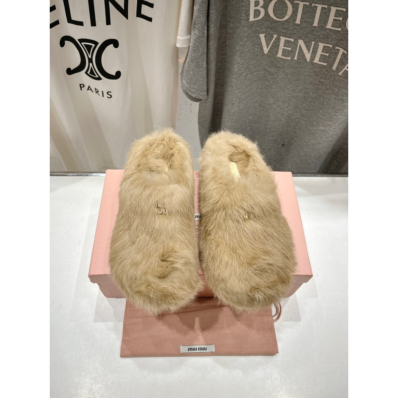 Miu Miu Logo Winter Fluffy Fur Slippers Beige