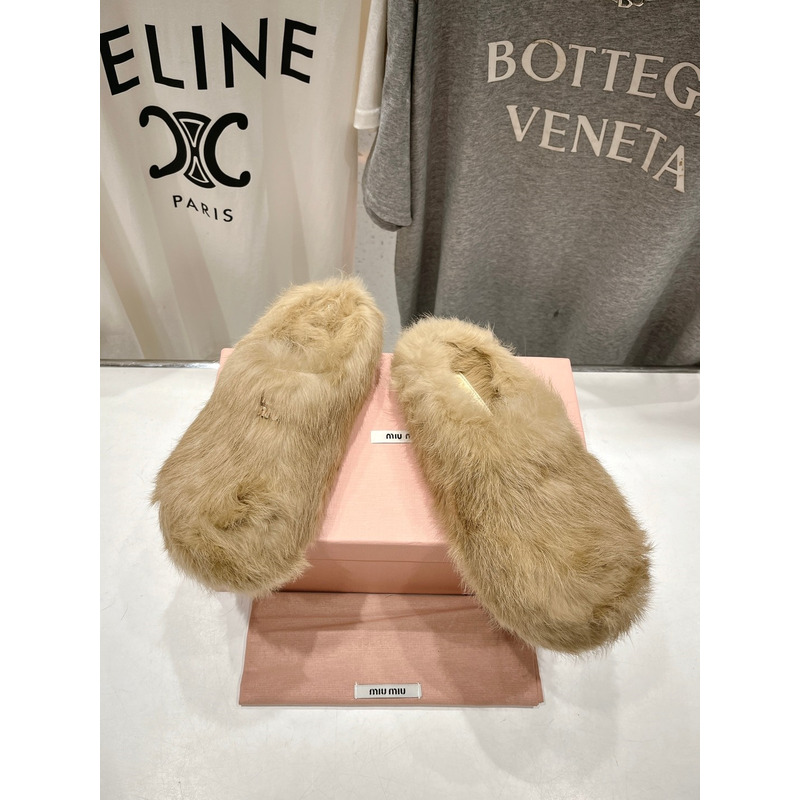 Miu Miu Logo Winter Fluffy Fur Slippers Beige