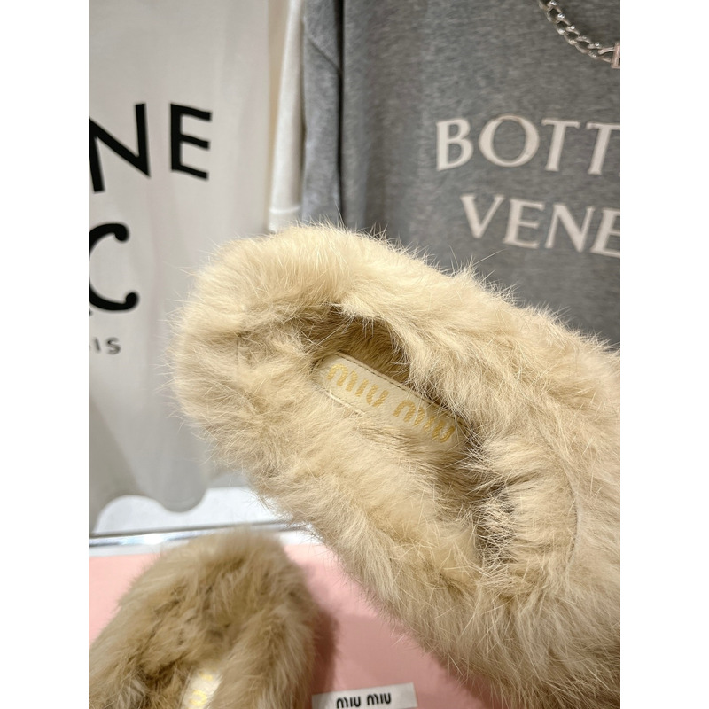 Miu Miu Logo Winter Fluffy Fur Slippers Beige