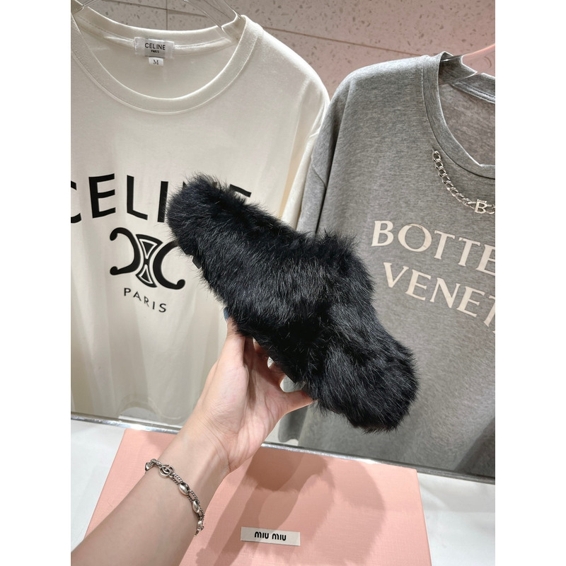 Miu Miu Logo Winter Fluffy Fur Slippers Black