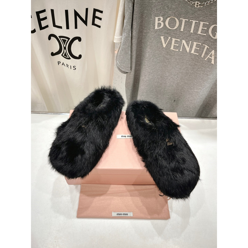 Miu Miu Logo Winter Fluffy Fur Slippers Black