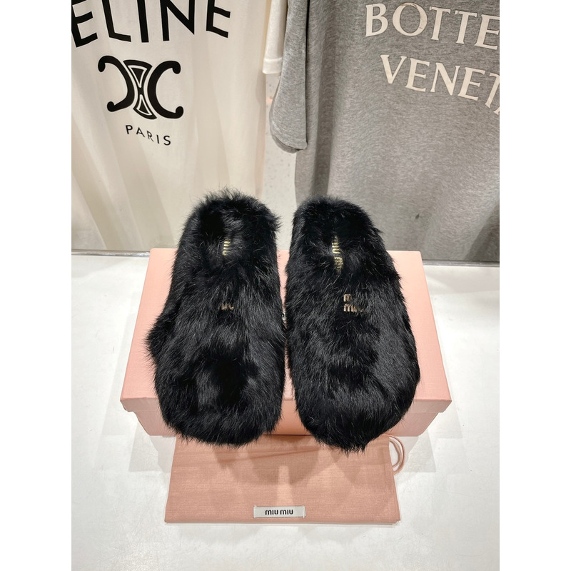 Miu Miu Logo Winter Fluffy Fur Slippers Black