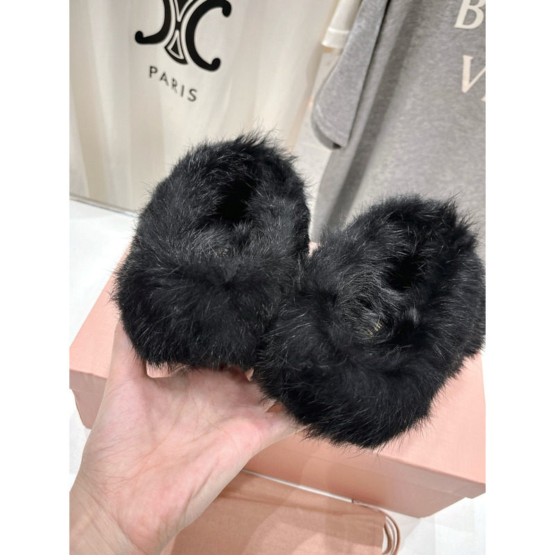 Miu Miu Logo Winter Fluffy Fur Slippers Black