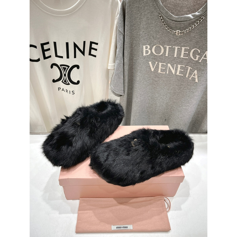 Miu Miu Logo Winter Fluffy Fur Slippers Black