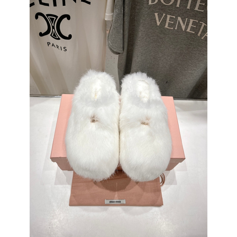 Miu Miu Logo Winter Fluffy Fur Slippers White