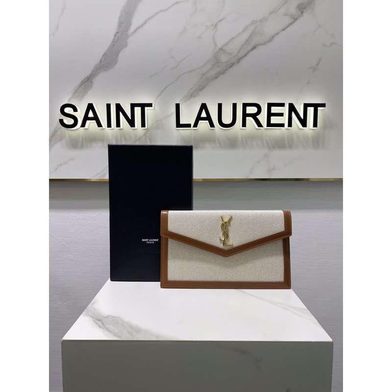 Saint Laurent Uptown Leather-trimmed Canvas Pouch Beige