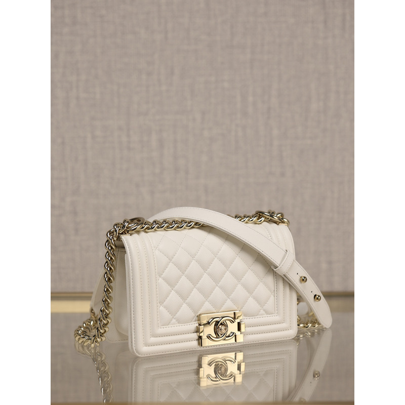 Ch*el boy flap bag quilted caviar shoulder bag white