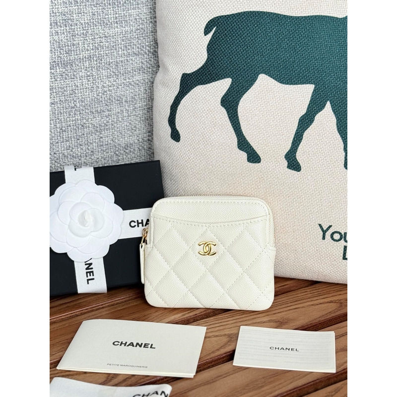 Ch*el classic zip coin purse calfskin white