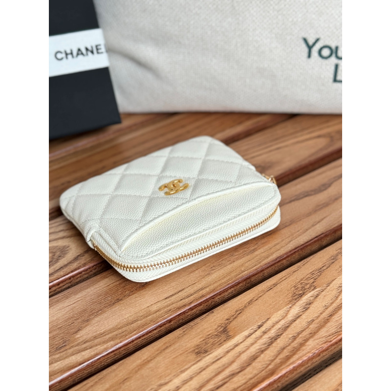 Ch*el classic zip coin purse calfskin white