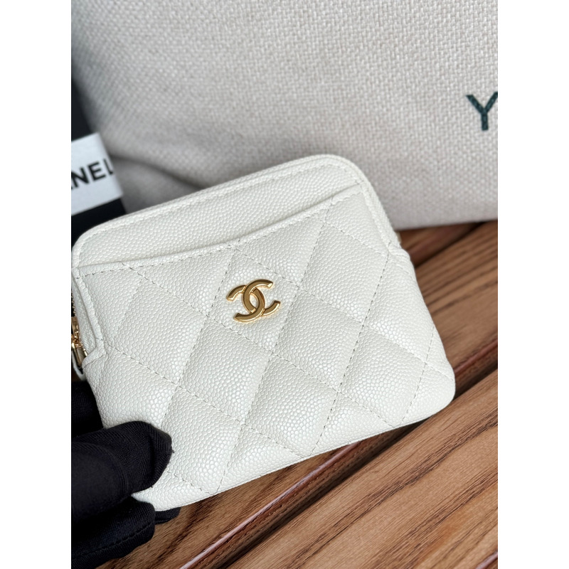 Ch*el classic zip coin purse calfskin white