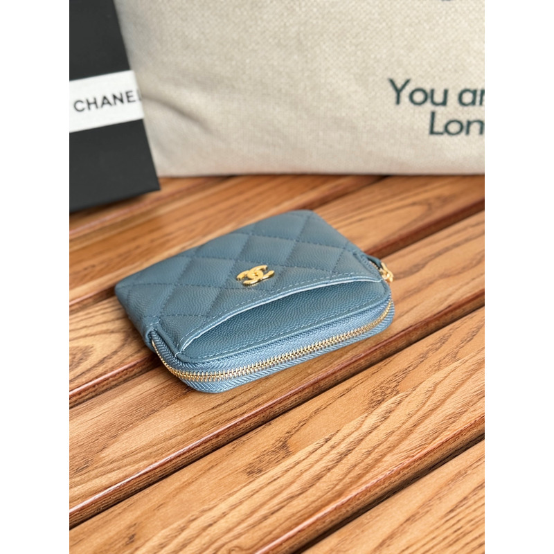 Ch*el classic zip coin purse calfskin dark blue