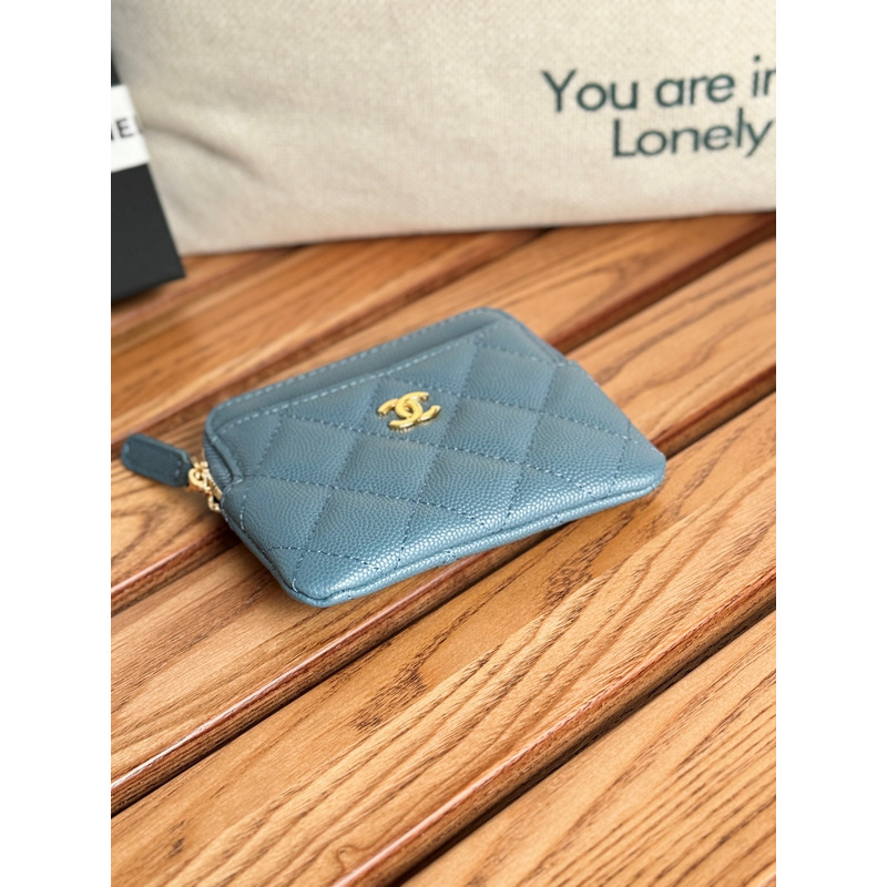 Ch*el classic zip coin purse calfskin dark blue