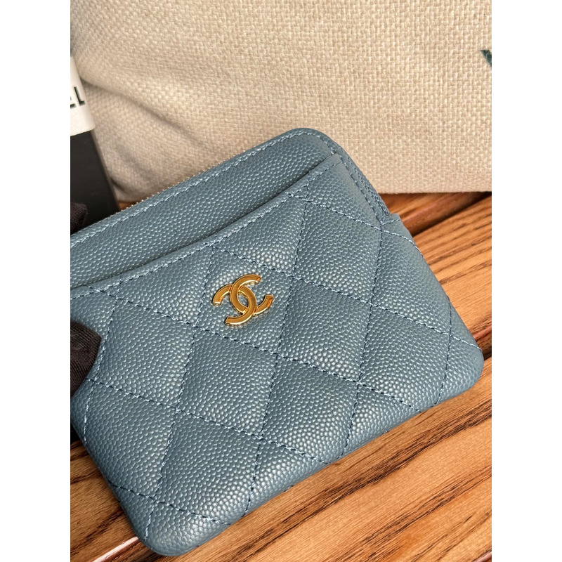 Ch*el classic zip coin purse calfskin dark blue