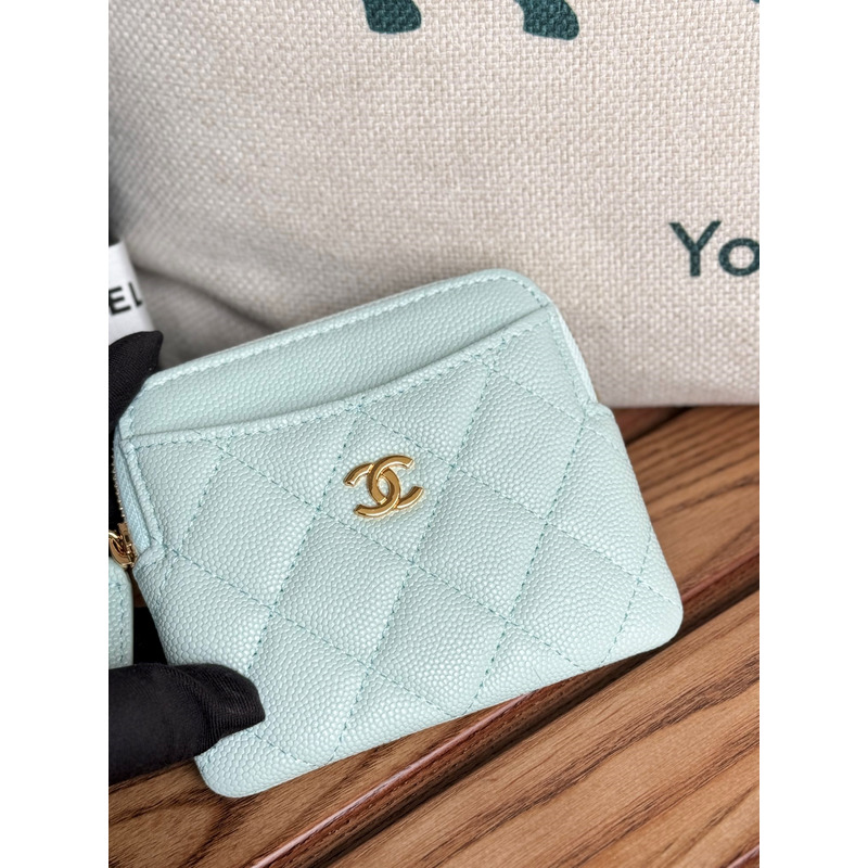 Ch*el classic zip coin purse calfskin blue