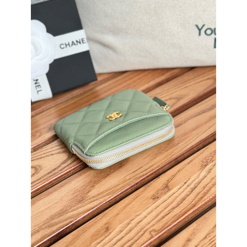 Ch*el classic zip coin purse calfskin green