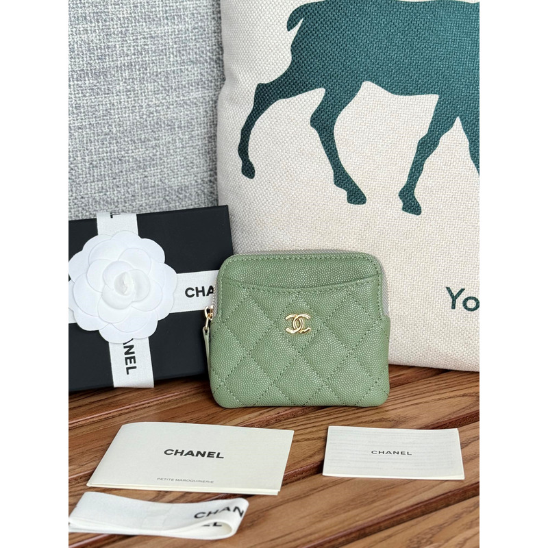 Ch*el classic zip coin purse calfskin green