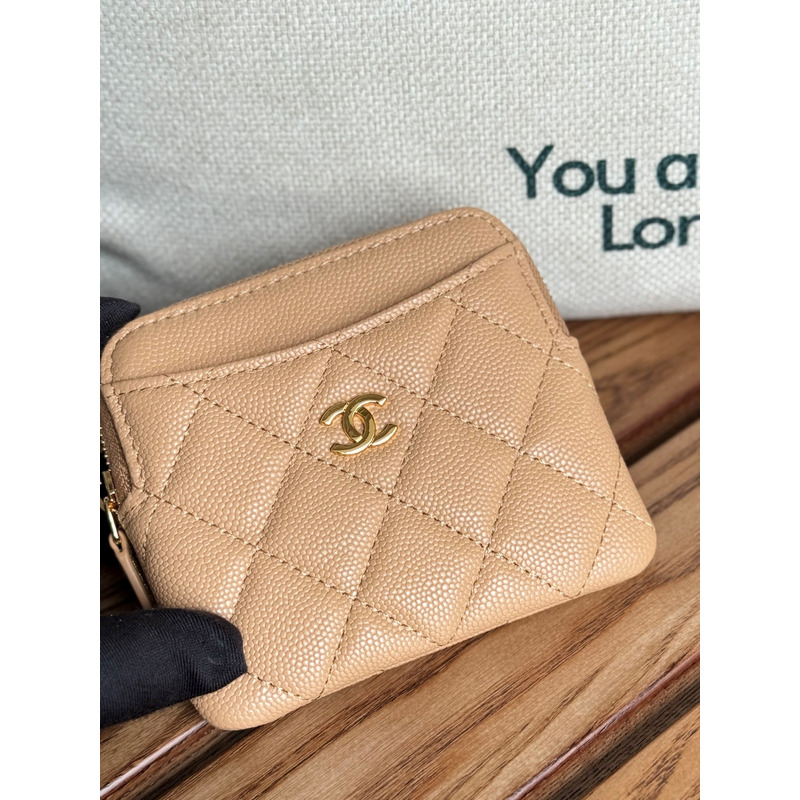 Ch*el classic zip coin purse calfskin beige