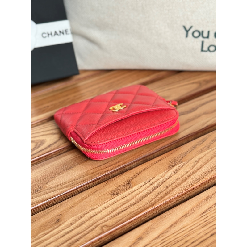 Ch*el classic zip coin purse calfskin red