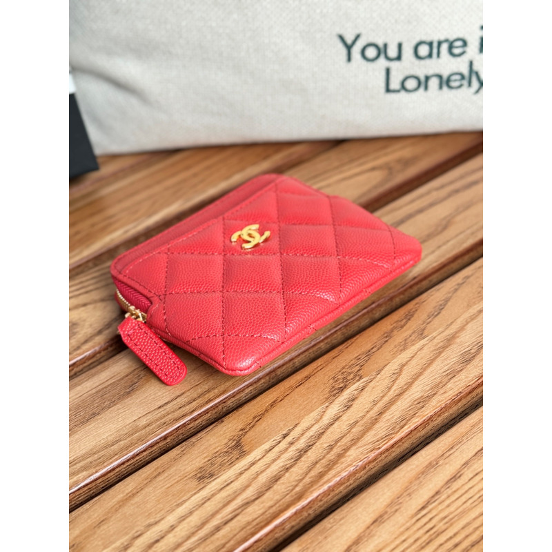 Ch*el classic zip coin purse calfskin red