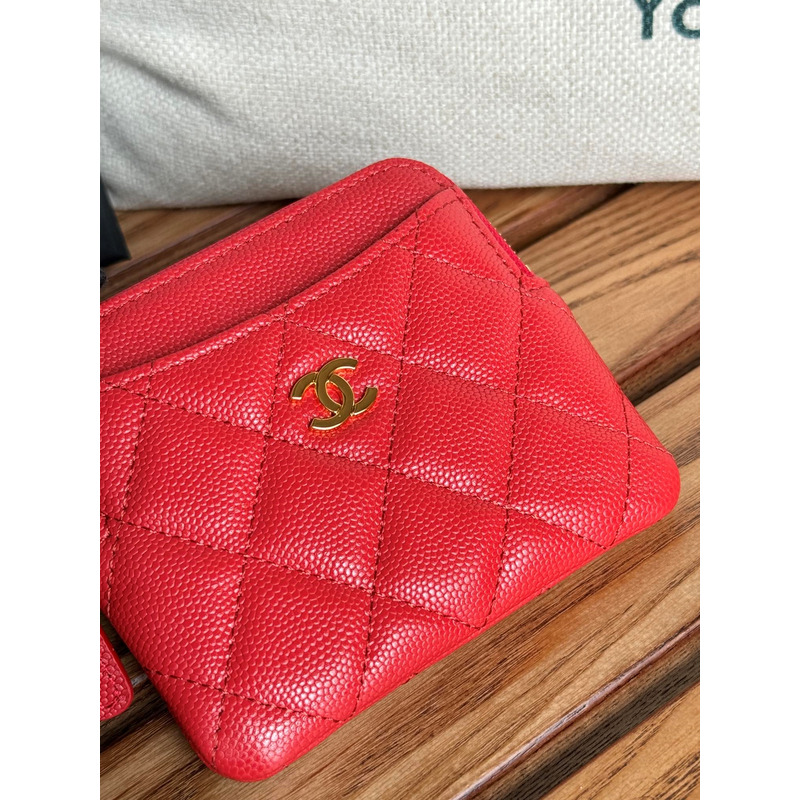 Ch*el classic zip coin purse calfskin red