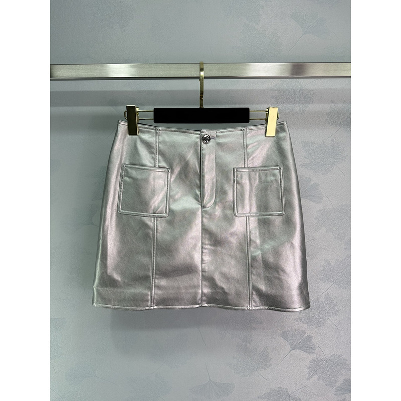 Ch*el skirt metallic lambskin silver