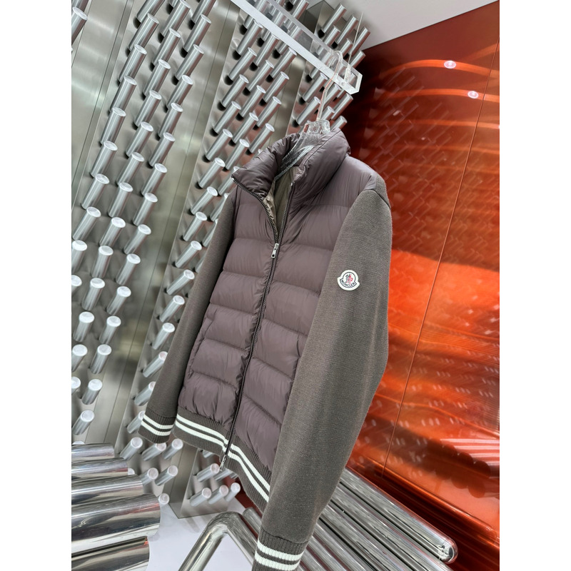 Moncler Quilted Down & Cotton Knit Cardigan Brown