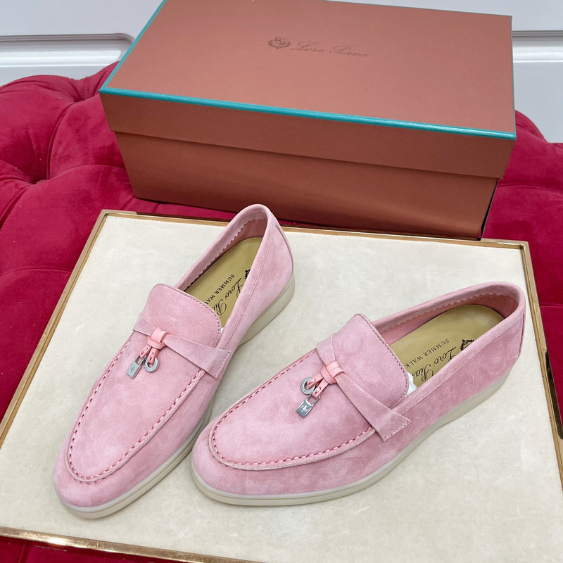 Loro piana Summer Charms Walk Women\''s Moccasin Shoes Suede Pink