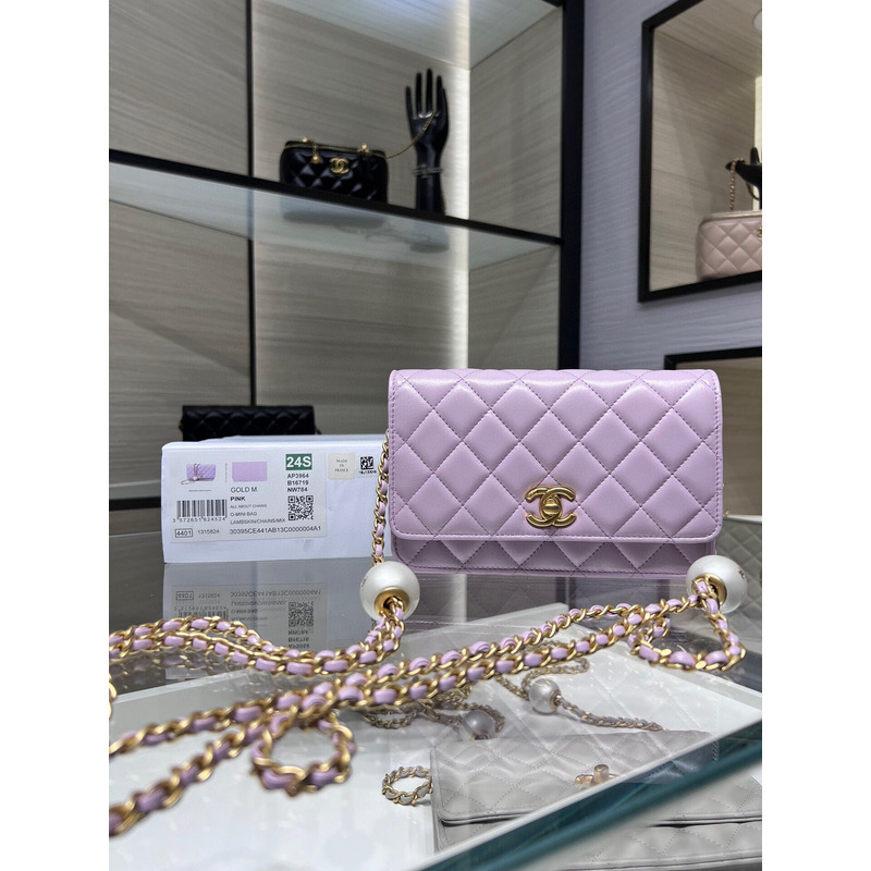 Ch*el lambskin, imitation pearls & gold metal in purple