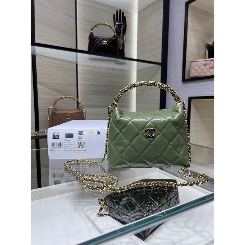 Ch*el rotating handle chain lunch box bag oil wax leather in green