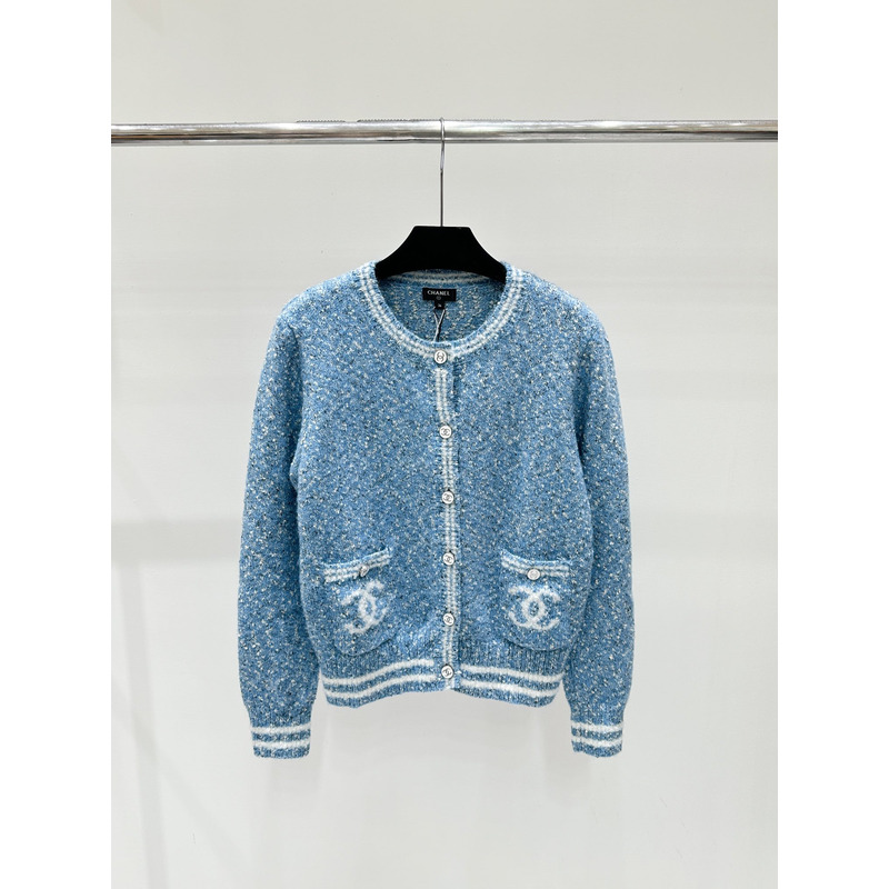 Ch*el logo long sleeve cardigan sweater in blue