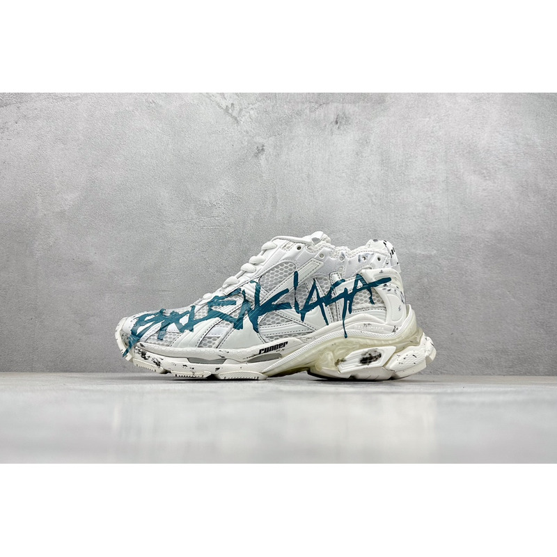 Ba*len*cia*ga runner graffiti sneaker in white and blue mesh and nylon