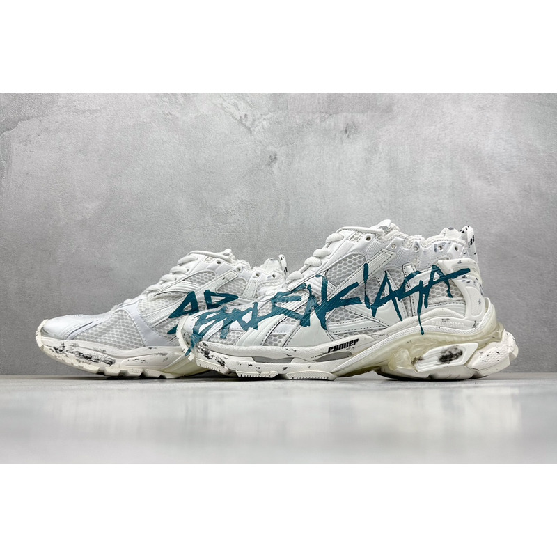 Ba*len*cia*ga runner graffiti sneaker in white and blue mesh and nylon