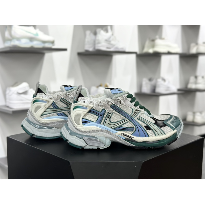 Ba*len*cia*ga mesh and nylon runner sneaker in green blue and white